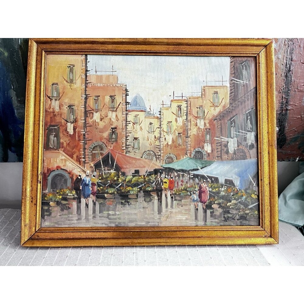 Original Painting On Canvas Board European Market Street Scene Framed Signed MCM
